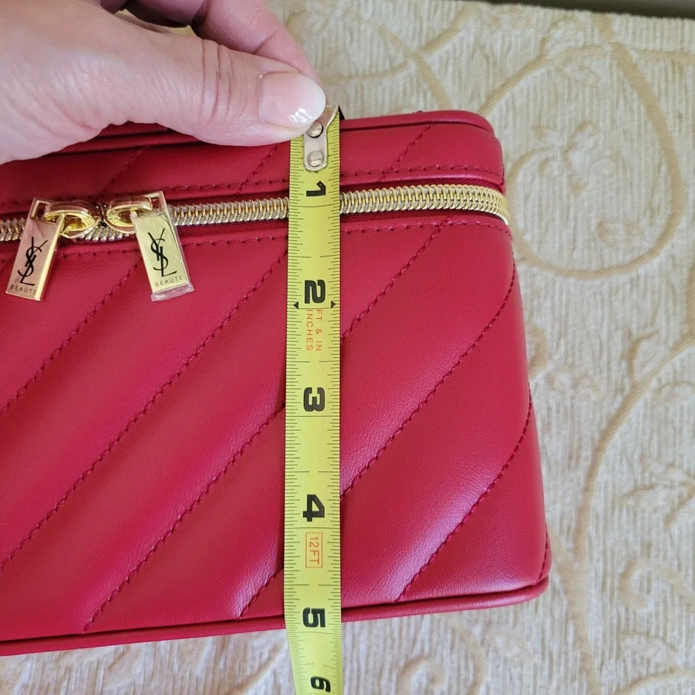 Yves Saint Laurent Beaute Red Chevron Quilted Vanity‎ Case Makeup Bag Mirror NEW